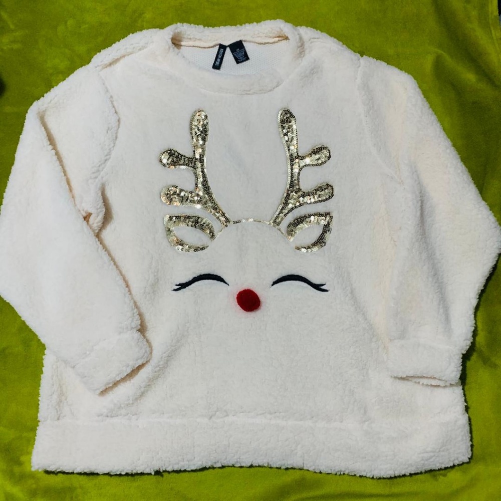 Cream Sherpa Reindeer Cute Ugly Christmas Sweater 2X - Picture 1 of 6